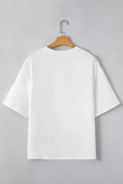 New Dear-Lover Star Layered Patched Graphic Drop Shoulder Half Sleeve Loose Tee White
