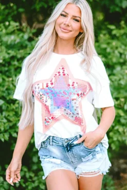 Sale Dear-Lover Star Patchwork Loose T-shirt White