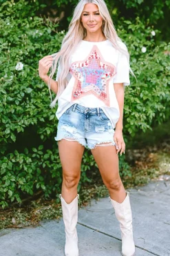 Sale Dear-Lover Star Patchwork Loose T-shirt White