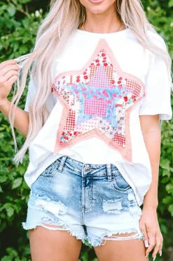 Sale Dear-Lover Star Patchwork Loose T-shirt White