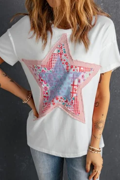 Sale Dear-Lover Star Patchwork Loose T-shirt White