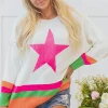 New Dear-Lover Star Pattern Colorblock Striped Edge Drop Shoulder Sweater White