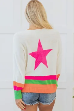 New Dear-Lover Star Pattern Colorblock Striped Edge Drop Shoulder Sweater White