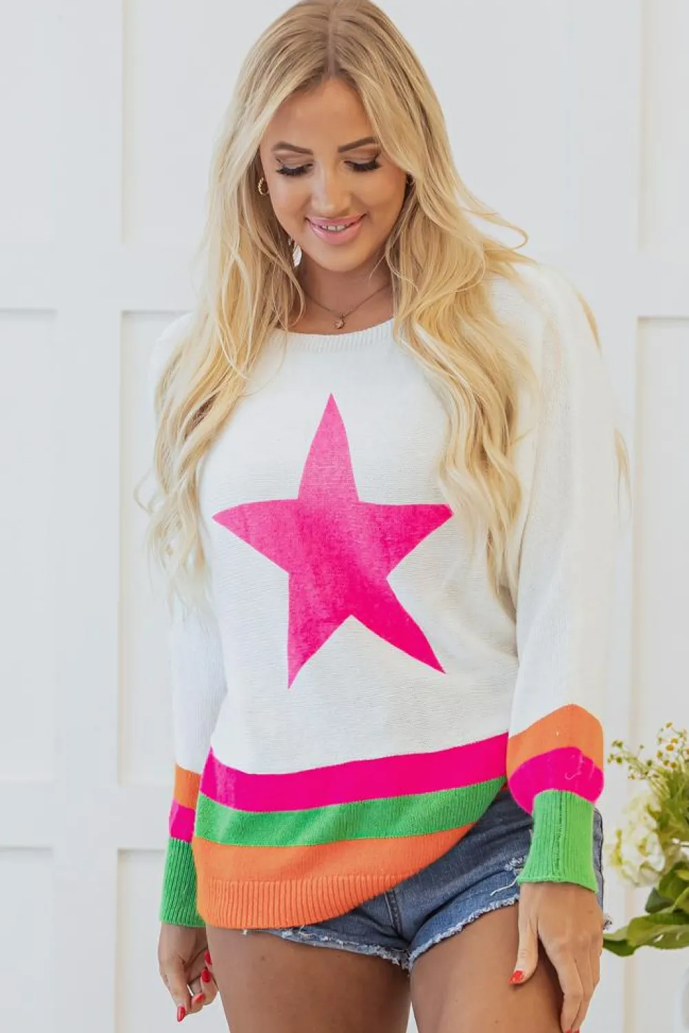 New Dear-Lover Star Pattern Colorblock Striped Edge Drop Shoulder Sweater White