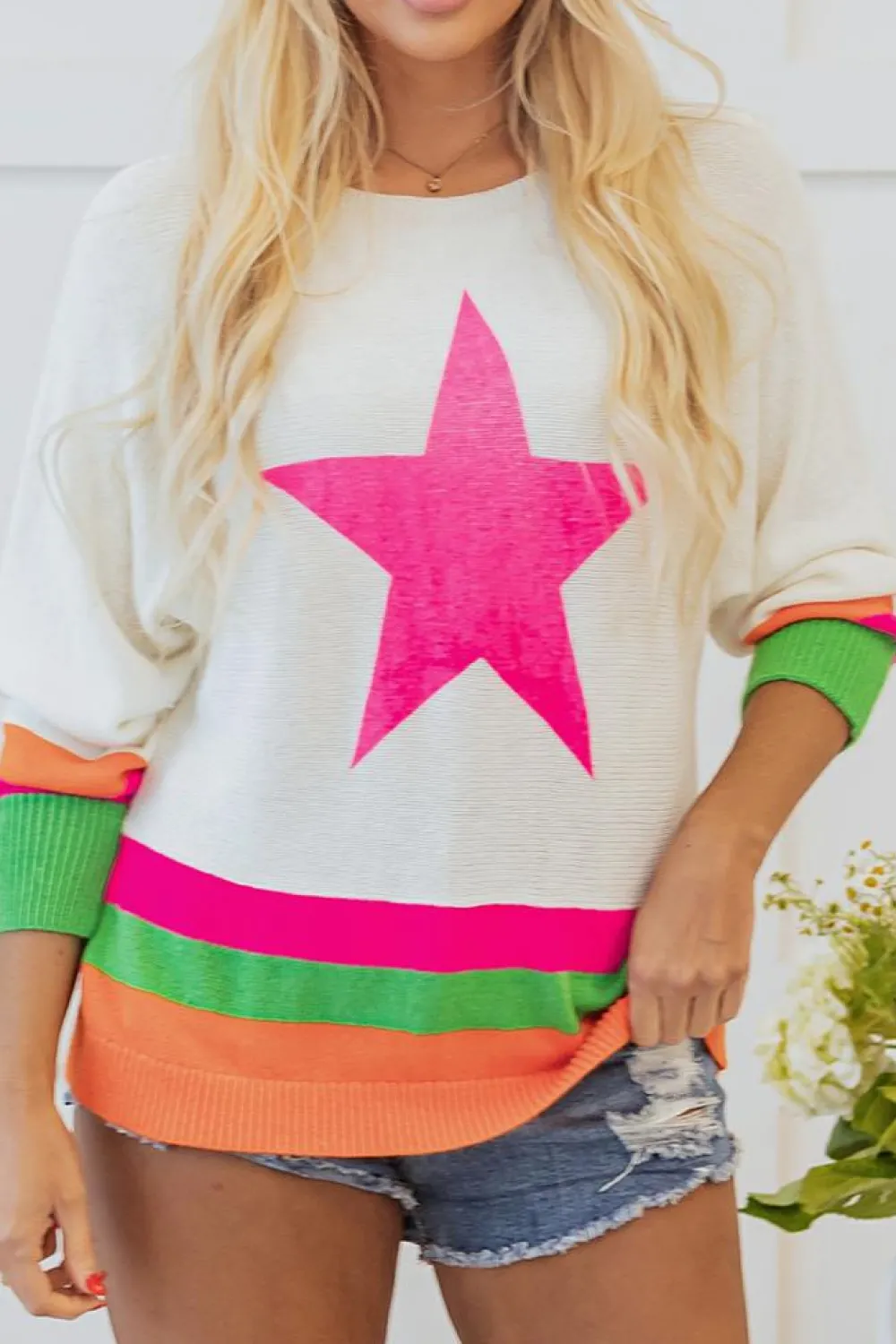 New Dear-Lover Star Pattern Colorblock Striped Edge Drop Shoulder Sweater White