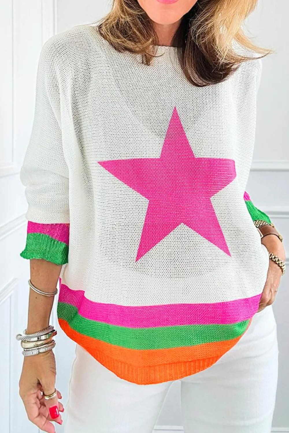 New Dear-Lover Star Pattern Colorblock Striped Edge Drop Shoulder Sweater White