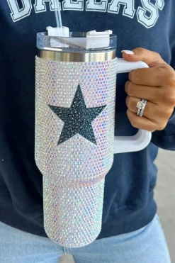 Sale Dear-Lover Star Shape Full Rhinestone Stainless Portable Cup 40oz White