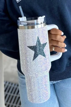 Sale Dear-Lover Star Shape Full Rhinestone Stainless Portable Cup 40oz White