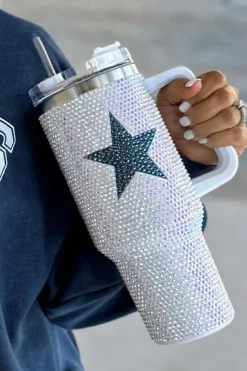 Sale Dear-Lover Star Shape Full Rhinestone Stainless Portable Cup 40oz White
