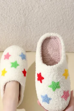 Discount Dear-Lover Star Shape Non-Slip Plush Home Slippers White