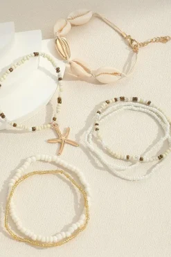New Dear-Lover Starfish Shell Decor Multi Layer Beaded Bracelet Set White