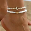 Hot Dear-Lover Starfish Shell Pearl Decor Beaded Double Layer Anklet White