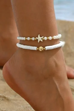 Hot Dear-Lover Starfish Shell Pearl Decor Beaded Double Layer Anklet White