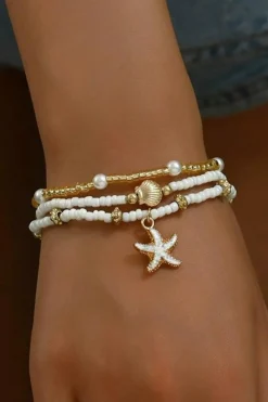Best Dear-Lover Starfish Shell Pearl Beaded Elastic Layered Bracelet White