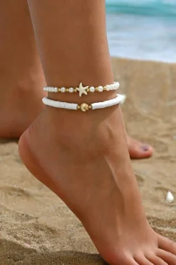 Hot Dear-Lover Starfish Shell Pearl Decor Beaded Double Layer Anklet White