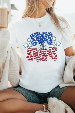 New Dear-Lover Stars and Stripes Round Neck Graphic T Shirt White