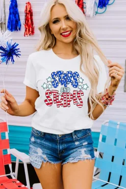 New Dear-Lover Stars and Stripes Round Neck Graphic T Shirt White