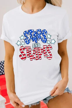 New Dear-Lover Stars and Stripes Round Neck Graphic T Shirt White