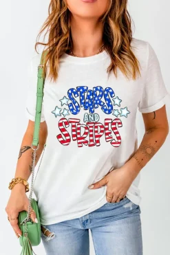 New Dear-Lover Stars and Stripes Round Neck Graphic T Shirt White
