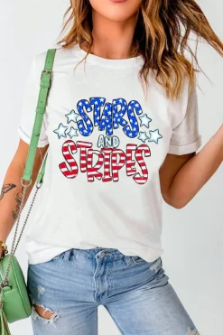 New Dear-Lover Stars and Stripes Round Neck Graphic T Shirt White