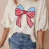 Hot Dear-Lover Stars Stripes Bowknot Graphic Pearled Puff Half Sleeve T Shirt White