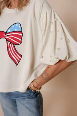 Hot Dear-Lover Stars Stripes Bowknot Graphic Pearled Puff Half Sleeve T Shirt White