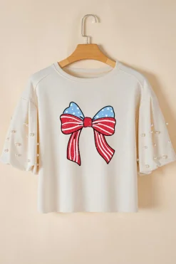 Hot Dear-Lover Stars Stripes Bowknot Graphic Pearled Puff Half Sleeve T Shirt White