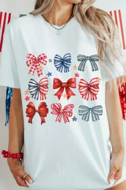 Best Dear-Lover Stripe and Star Bowknot Graphic Tee White