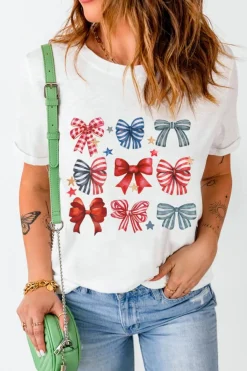 Best Dear-Lover Stripe and Star Bowknot Graphic Tee White
