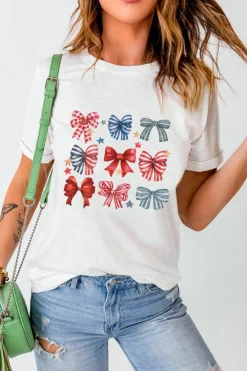 Best Dear-Lover Stripe and Star Bowknot Graphic Tee White