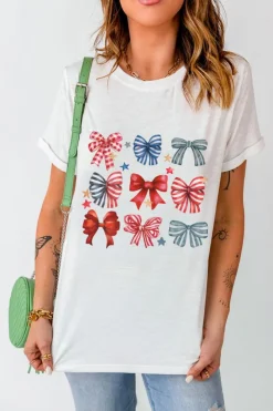 Best Dear-Lover Stripe and Star Bowknot Graphic Tee White