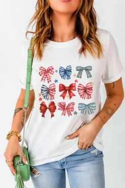 Best Dear-Lover Stripe and Star Bowknot Graphic Tee White