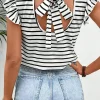 Fashion Dear-Lover Butterfly Sleeve V Neck Hollowed Knot Back T Shirt White Stripe