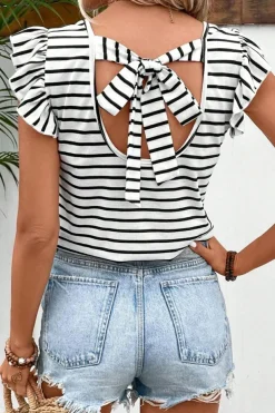 Fashion Dear-Lover Butterfly Sleeve V Neck Hollowed Knot Back T Shirt White Stripe