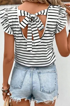 Fashion Dear-Lover Butterfly Sleeve V Neck Hollowed Knot Back T Shirt White Stripe