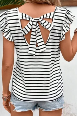 Fashion Dear-Lover Butterfly Sleeve V Neck Hollowed Knot Back T Shirt White Stripe
