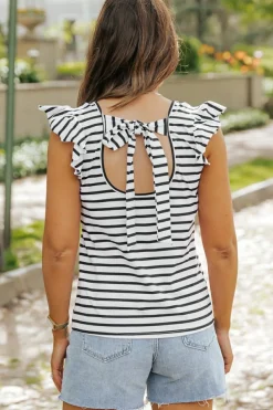 Fashion Dear-Lover Butterfly Sleeve V Neck Hollowed Knot Back T Shirt White Stripe