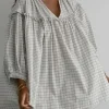 Hot Dear-Lover Checkered Frilled V Neck Bracelet Sleeve Babydoll Dress White Stripe