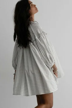Hot Dear-Lover Checkered Frilled V Neck Bracelet Sleeve Babydoll Dress White Stripe