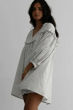 Hot Dear-Lover Checkered Frilled V Neck Bracelet Sleeve Babydoll Dress White Stripe