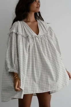 Hot Dear-Lover Checkered Frilled V Neck Bracelet Sleeve Babydoll Dress White Stripe