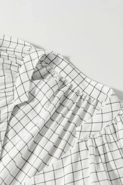 Hot Dear-Lover Checkered Frilled V Neck Bracelet Sleeve Babydoll Dress White Stripe