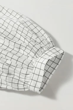 Hot Dear-Lover Checkered Frilled V Neck Bracelet Sleeve Babydoll Dress White Stripe