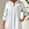 Clearance Dear-Lover Collared V Neck Chest Pocket Long Sleeve Beach Cover up White Stripe