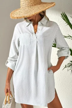 Clearance Dear-Lover Collared V Neck Chest Pocket Long Sleeve Beach Cover up White Stripe