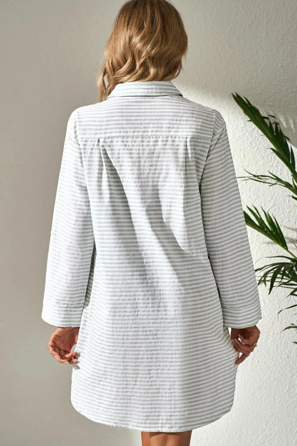 Clearance Dear-Lover Collared V Neck Chest Pocket Long Sleeve Beach Cover up White Stripe