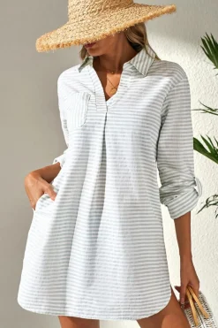 Clearance Dear-Lover Collared V Neck Chest Pocket Long Sleeve Beach Cover up White Stripe