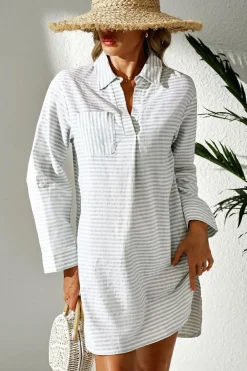 Clearance Dear-Lover Collared V Neck Chest Pocket Long Sleeve Beach Cover up White Stripe
