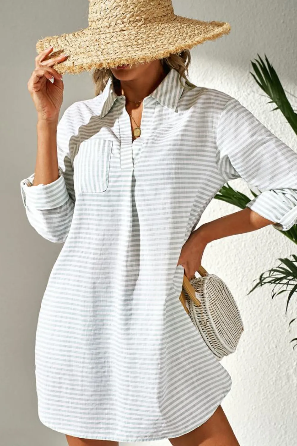 Clearance Dear-Lover Collared V Neck Chest Pocket Long Sleeve Beach Cover up White Stripe