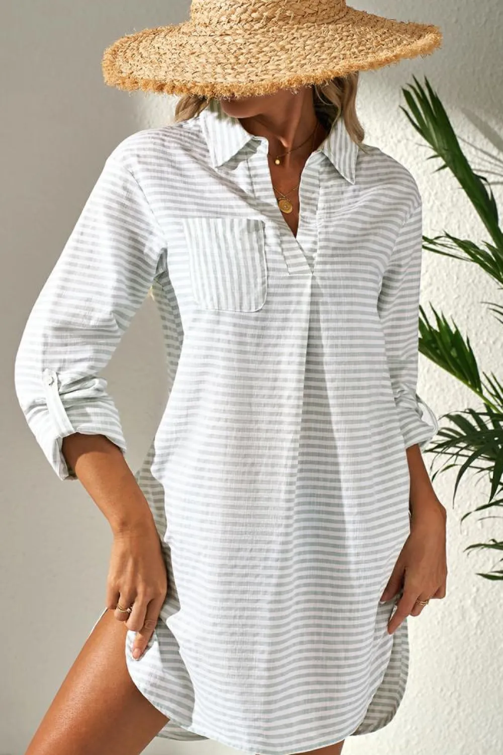 Clearance Dear-Lover Collared V Neck Chest Pocket Long Sleeve Beach Cover up White Stripe